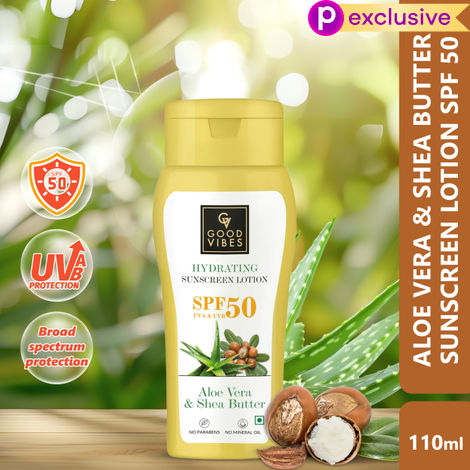 Buy Good Vibes Aloe Vera & Shea Butter Hydrating Sunscreen Lotion SPF 50, Skin Moisturizing | Vegan, No Parabens, No Mineral Oil, No Silicones (110 ml)-Purplle