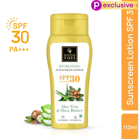 Buy Good Vibes Aloe Vera & Shea Butter Hydrating Sunscreen Lotion SPF 30, Skin Moisturizing | Vegan, No Parabens, No Mineral Oil, No Silicones (110 ml)-Purplle