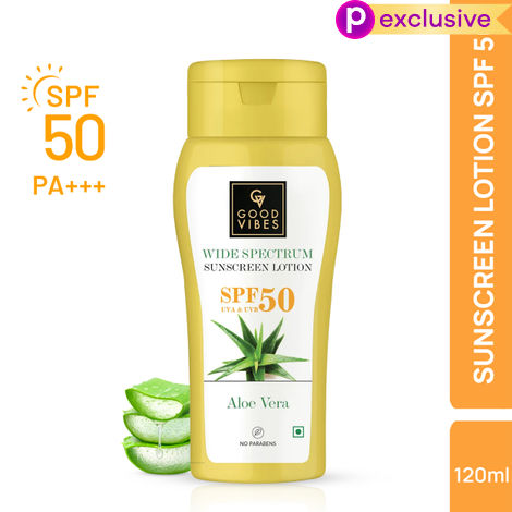 Buy Good Vibes Aloe Vera Wide Spectrum Sunscreen Lotion SPF 50 | Non-Greasy, Anti-Ageing | Nourishing | No Parabens, No Animal Testing (120 ml)-Purplle