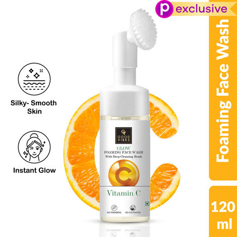 Buy Good Vibes Vitamin C Glow Foaming Face Wash With Deep Cleansing Brush | Face Cleanser | Non-Drying, Brightening, Clear Skin | No Parabens, No Sulphates, No Animal Testing (150 ml)-Purplle