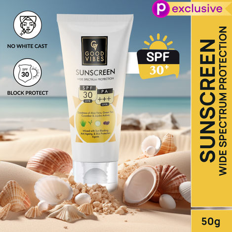 Buy Good Vibes Wide Spectrum Protection Sunscreen with SPF 30 | Non-Greasy, Anti-Ageing | With Aloe Vera | No Parabens, No Animal Testing (50 gm)-Purplle