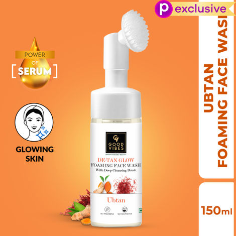 Buy Good Vibes De-Tan Glow Ubtan Foaming Face Wash With Power Of Serum & Deep Cleansing Brush | Tan Removal, Brightening Cleansing (150 ml)-Purplle
