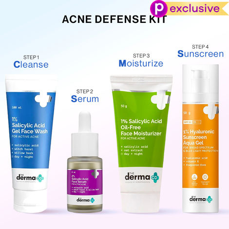 Buy The Derma Co. Acne Defense CSMS Combo : Salicylic Acid Daily Face Wash (100 ml) + 2% Salicylic Acid Face Serum (8 ml) + Salicylic Acid Oil-Free Daily Moisturizer (50 gm) + Hyaluronic Sunscreen Aqua Gel (50 gm)-Purplle