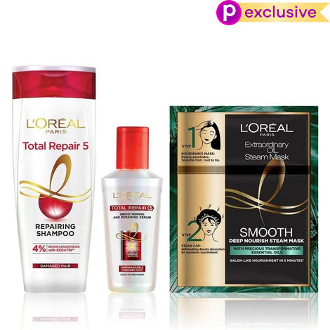 Buy L'oreal Paris Total Repair 5 At Home Spa Essentials ( Shampoo (340 ml) + Smoothening And Repairing Serum (80 ml)+ Extraordinary Oil Smooth Steam Mask (Paraben Free))-Purplle