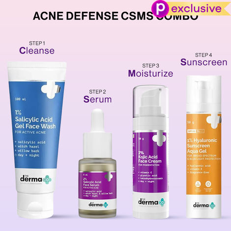 Buy The Derma Co. Acne Defense CSMS Combo : Salicylic Acid Daily Face Wash (100 ml) + 2% Salicylic Acid Face Serum (8 ml) + Kojic Acid Face Cream (30 gm) + Hyaluronic Sunscreen Aqua Gel (50 gm)-Purplle