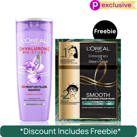 Buy L'Oreal Paris Supreme Hydration Shampoo & Silk Mask Kit (Hyaluron Moisture 72H Moisture Filling Shampoo 340 ml + Steam Mask (Paraben Free) 20ml + 40 gm)-Purplle