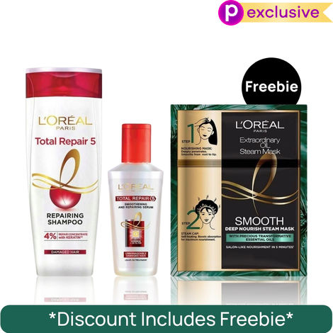 Buy L'Oreal Paris Total Repair 5 Ultimate Smooth & Repair Kit (Shampoo (340 ml) + Smoothening And Repairing Serum (80 ml)+ Extraordinary Oil Smooth Steam Mask (Paraben Free))-Purplle