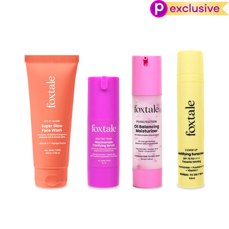 Buy Foxtale Clear Glow Combo | Super Glow Face Wash + 12% Niacinamide Serum + Oil Balancing Moisturizer + SPF 70 Matte Sunscreen | Fades tan, controls oil, clears skin, adds glow -Purplle