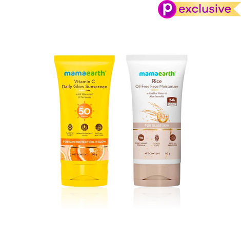Buy Mamaearth Radiance & Shield Combo of 2( Mamaearth Rice Oil-Free Face Moisturizer (50 gm) + Vitamin C Daily Glow Sunscreen (50 gm) | Niacinamide & Rice Water Hydration + SPF 50 PA+++ Glow & Protection)-Purplle