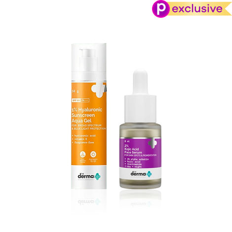 Buy The Derma Co Pigmentation Corrector & Ultimate Sun Defense Duo (2% Kojic Acid Serum (8&nbsp;ml) to Fade Dark Spots + 1% Hyaluronic Sunscreen Aqua Gel SPF 50A&nbsp;PA++++ (50A&nbsp;gm) | Lightweight No White Cast Routine ) Combo of 2-Purplle