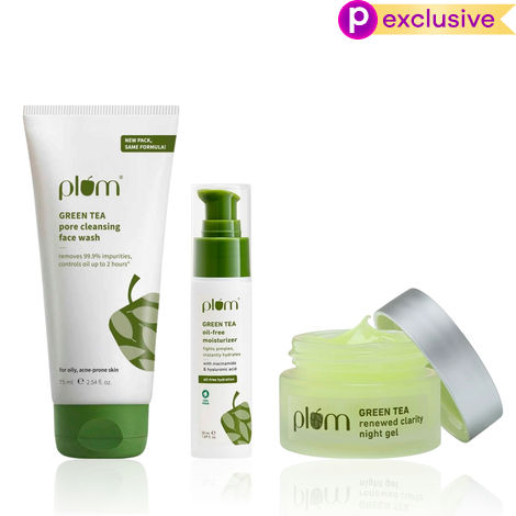 Buy Plum Green Tea AM to PM Combo of 3 - Face wash 75 ml, Moisturizer 50 ml, Night Gel 15 ml - Skincare Kit-Purplle