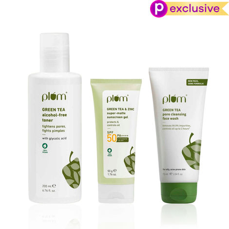 Buy Plum Green Tea Tone and Protect Combo of 3 - Face wash 75 ml, Toner 200 ml, Sunscreen Gel 50 gm - Skincare Kit-Purplle