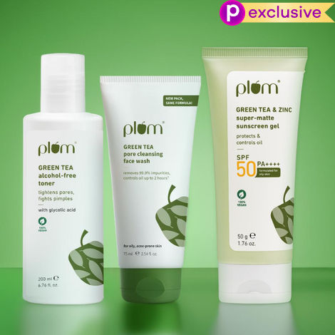 Buy Plum Green Tea Tone and Protect Combo of 3 - Face wash 75 ml, Toner 200 ml, Sunscreen Gel 50 gm - Skincare Kit-Purplle
