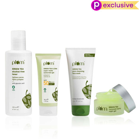Buy Plum Green Tea Complete Routine Combo of 5 - Face wash 75 ml, Toner 200 ml, Moisturizer 50 ml, Sunscreen Gel 50 gm, Night Gel 15 ml - Skincare Kit-Purplle