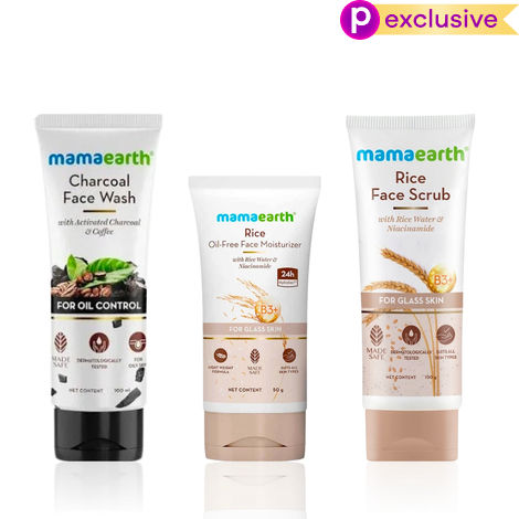 Buy Mamaearth Complete Oil Control Combo (Mamaearth Rice Face Scrub 100 gm + Mamaearth Charcoal Natural Face Wash 100 ml + Mamaearth Rice Oil-Free Face Moisturizer 50 gm) - Combo of 3-Purplle