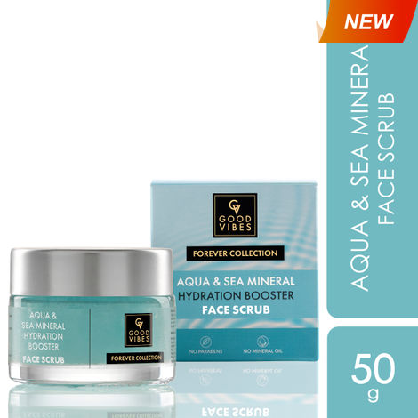Buy Good Vibes Aqua & Sea Mineral Hydration Booster Face Scrub | Forever Collection | Suitable For All Skin Types | 4X Hydra Booster, Removes Blackheads | Vegan, No Parabens, No Sulphates, No Mineral Oil, No Silicones, No Animal Testing (50 gm)-Purplle