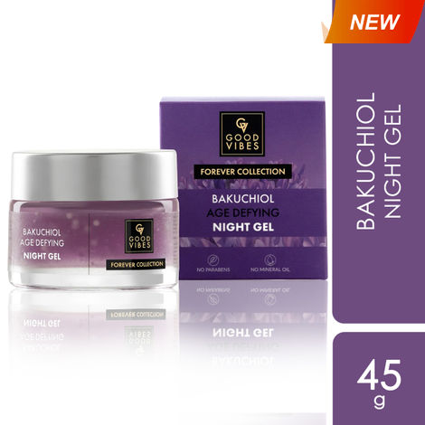 Buy Good Vibes Bakuchiol Age Defying Night Gel | Forever Collection | Natural Retinol, Anti-Aging, Wrinkle Control | With Pomegranate| No Parabens, No Mineral Oils, No Sulphates, No Animal Testing, No Silicone, Vegan (45g)-Purplle