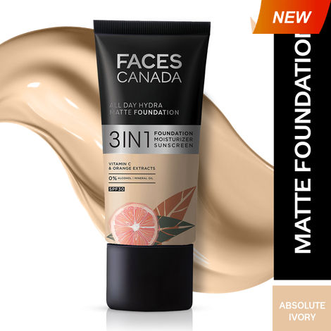 FACES CANADA All Day Hydra Matte Foundation | 3-in-1 Foundation + Moisturizer + SPF30 | 10HR Long Wear | Buildable Coverage | Absolute Ivory, 25ml