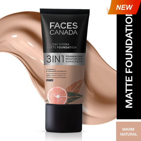 Buy FACES CANADA All Day Hydra Matte Foundation | 3-in-1 Foundation + Moisturizer + SPF30 | 10HR Long Wear | Buildable Coverage | Warm Natural, 25 ml-Purplle