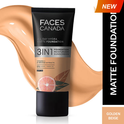Buy FACES CANADA All Day Hydra Matte Foundation | 3-in-1 Foundation + Moisturizer + SPF30 | 10HR Long Wear | Buildable Coverage | Golden Beige, 25 ml-Purplle
