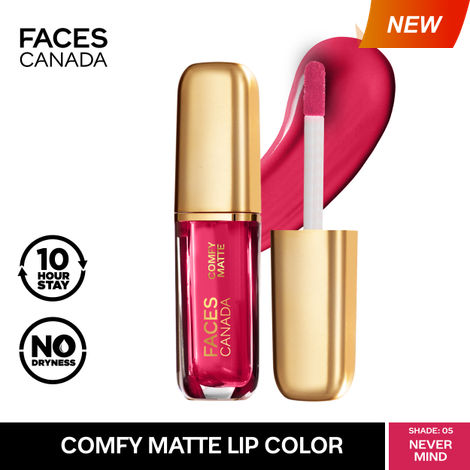 Buy FACES CANADA Comfy Matte Liquid Lipstick - Never Mind 05, 1.2 ml | Comfortable 10HR Longstay | Intense Matte Color | Almond Oil & Vitamin E Infused | Super Smooth | No Dryness | No Alcohol-Purplle
