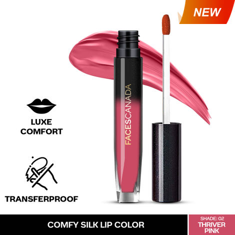 Buy FACES CANADA Comfy Silk Liquid Lipstick - Thriver Pink 02, 3 ml | Satin Matte HD Finish | Luxe Comfort | Longlasting | No Dryness | Smooth Texture | Mulberry Oil & Shea Butter For Plump Hydrated Lips-Purplle