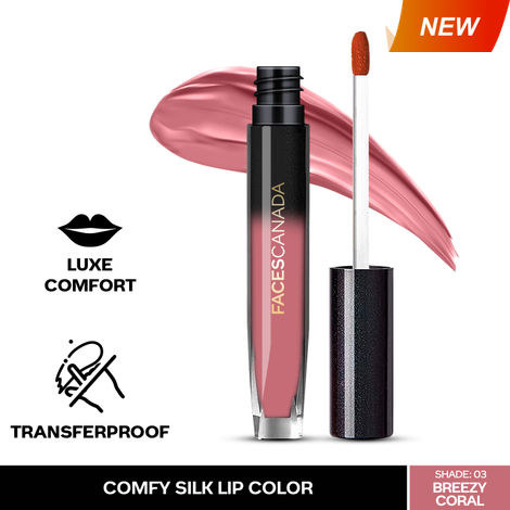 Buy FACES CANADA Comfy Silk Liquid Lipstick - Breezy Coral 03, 3 ml | Satin Matte HD Finish | Luxe Comfort | Longlasting | No Dryness | Smooth Texture | Mulberry Oil & Shea Butter For Plump Hydrated Lips-Purplle