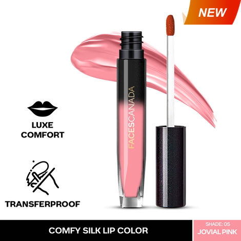 Buy FACES CANADA Comfy Silk Liquid Lipstick - Jovial Pink 05, 3 ml | Satin Matte HD Finish | Luxe Comfort | Longlasting | No Dryness | Smooth Texture | Mulberry Oil & Shea Butter For Plump Hydrated Lips-Purplle