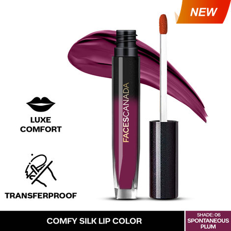 Faces Canada Comfy Silk Lip Color I Satin Matte HD Finish Liquid Lipstick I Mulberry Oil I Luxe Comfort I Longlasting I No Dryness | Alcohol, Paraben & Cruelty Free - Spontaneous Plum 06 | 3 ml