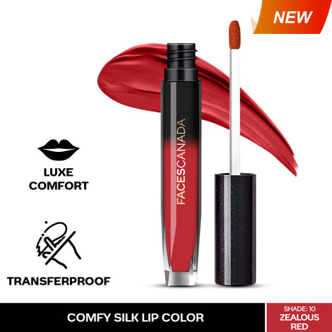 Buy Faces Canada Comfy Silk Lip Color I Satin Matte HD Finish Liquid Lipstick I Mulberry Oil I Luxe Comfort I Longlasting I No Dryness | Alcohol, Paraben & Cruelty Free - Zealous Red 10 | 3 ml-Purplle