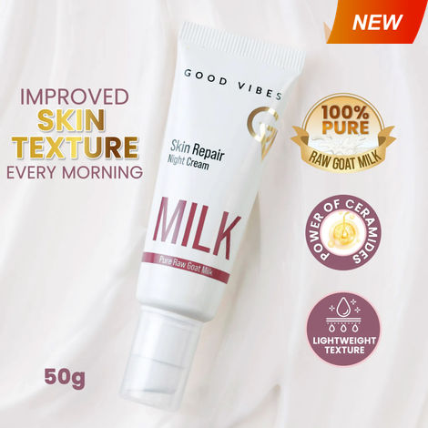 Buy Good Vibes Skin Repair Milk Night Cream with 100% Pure Raw Goat Milk | Improved Skin Texture Every Morning| Infused with Ceramides | Suitable for Dry Skin | All Skin Types (50 gm)-Purplle