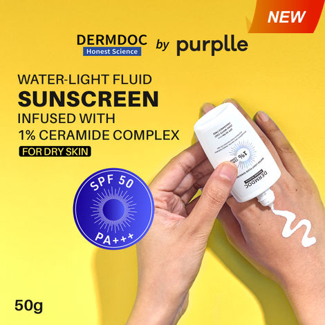 Buy DERMDOC SPF 50 1% Ceramide Complex Water Light Fluid Sunscreen (50 gm) | PA+++ | Sunblock | Lightweight | Non-Sticky I No White Cast | Non-Comedogenic-Purplle