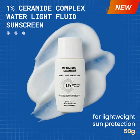 Buy DERMDOC SPF 50 1% Ceramide Complex Water Light Fluid Sunscreen (50 gm) | PA++++ | Sunblock | Lightweight | Non-Sticky I No White Cast | Non-Comedogenic | Suitable for Dry Skin-Purplle