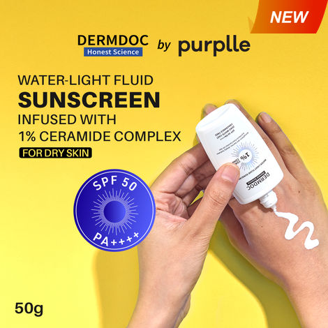Buy DERMDOC SPF 50 1% Ceramide Complex Water Light Fluid Sunscreen (50 gm) | PA++++ | Sunblock | Lightweight | Non-Sticky I No White Cast | Non-Comedogenic | Suitable for Dry Skin-Purplle