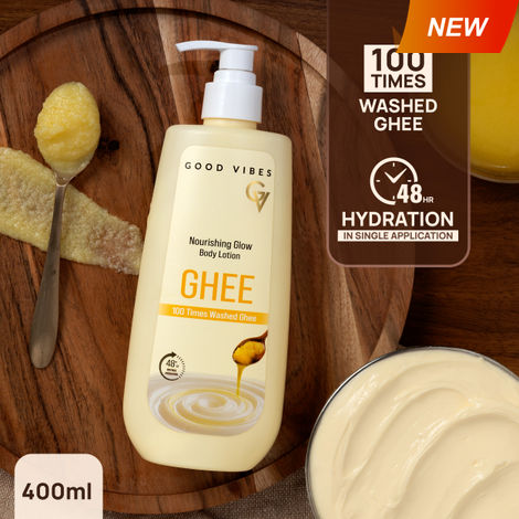 Buy Good Vibes Nourishing Glow Ghee Body Lotion with Shata Dhauta Ghrita (100 Times Washed Ghee) | 48-Hour Hydration in a Single Use | Skin Barrier Repair | Lightweight, Non-Greasy Formula | Suitable for All Skin Types (400 ml)-Purplle