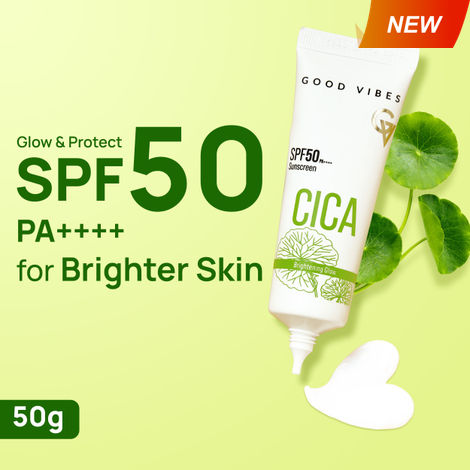 Buy Good Vibes CICA Brightening Glow Sunscreen SPF 50 PA++++ | Cica Extract, 3% Niacinamide, & Hyaluronic Acid | Brightening Sunscreen | Lightweight Aqua Gel | Non-Greasy | No White Cast | Fragrance-Free | Suitable for All Skin Types | 50 gm-Purplle
