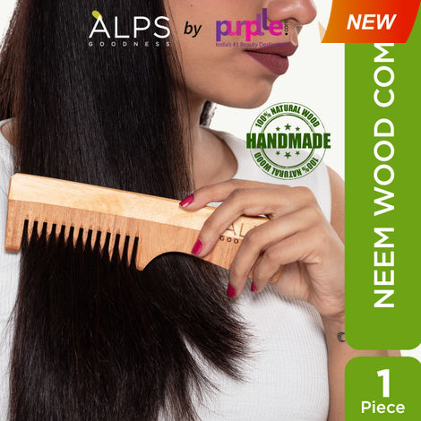 Buy Alps Goodness 100% Natural Neem Comb (Pack of 1) | Comes with a bag | Neem Wood Comb | Antibacterial & Antifungal | 100% Natural Neem Wood | Handmade Comb | Soft Bristles-Purplle