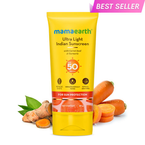 Buy Mamaearth Ultra Light Indian Sunscreen with Carrot Seed Turmeric and SPF 50 PA+++ for Suntan Protection - 80 gm| In-Vivo Tested-Purplle