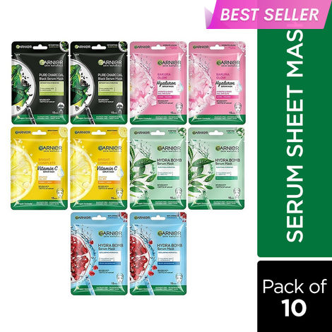 Buy Garnier Skin Naturals Face Serum Sheet Mask Pack of 10 (2 each of Bright Complete vitamin c , Charcoal, Saruka, Green Tea and Hydrabomb), 280 gm-Purplle