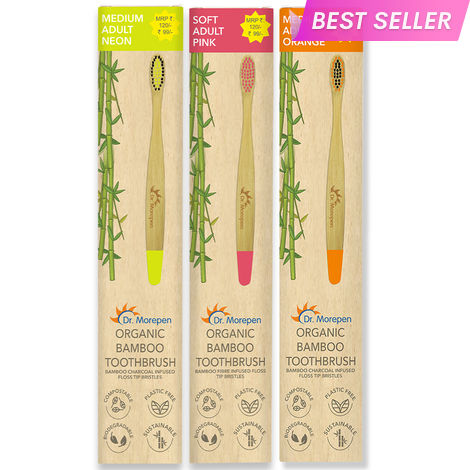 Buy DR. MOREPEN Organic Bamboo Toothbrush For Adults - Neon, Pink & Orange 3 Pcs-Purplle