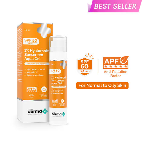 Buy The Derma Co 1% Hyaluronic Sunscreen Aqua Gel SPF 50 PA++++ | Hyaluronic Acid for Deep, Long Lasting Hydration | Ultra Lightweight Texture I Non-Greasy, No White Cast | Broad Spectrum Protection & Blue Light Protection | For Men & Women - 50 gm-Purplle