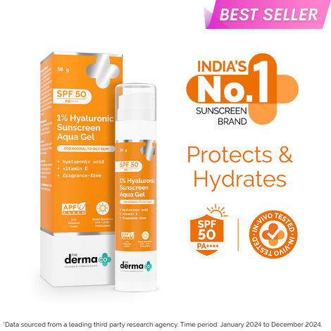 Buy The Derma Co. 1% Hyaluronic Sunscreen Aqua Gel with SPF 50 & PA++++ for Broad Spectrum & Blue Light Protection 50 gm| In-Vivo Tested-Purplle