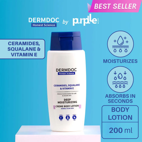 Buy DERMDOC by Purplle Ceramides, Squalane & Vitamin E Deep Moisturising Creme Body Lotion (200ml) | body lotion for dry skin | non-greasy moisturizer, quick absorbing, long lasting moisture-Purplle