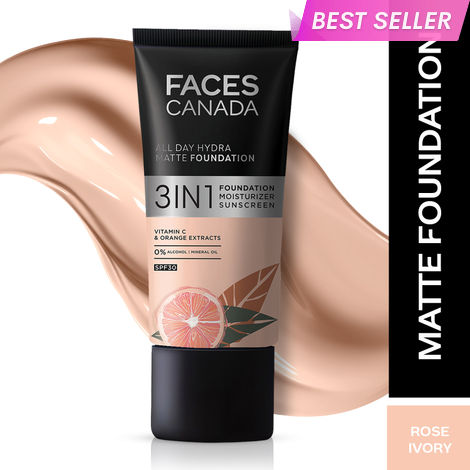 FACES CANADA All Day Hydra Matte Foundation | 3-in-1 Foundation + Moisturizer + SPF30 | 10HR Long Wear | Buildable Coverage | Rose Ivory, 25ml