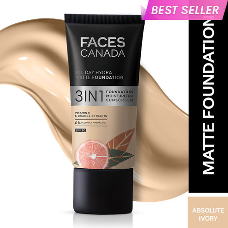 Buy FACES CANADA All Day Hydra Matte Foundation | 3-in-1 Foundation + Moisturizer + SPF30 | 10HR Long Wear | Buildable Coverage | Absolute Ivory, 25 ml-Purplle
