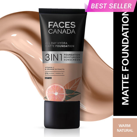 Buy FACES CANADA All Day Hydra Matte Foundation | 3-in-1 Foundation + Moisturizer + SPF30 | 10HR Long Wear | Buildable Coverage | Warm Natural, 25 ml-Purplle
