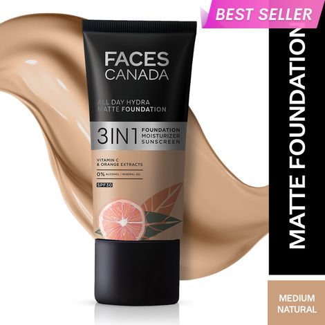 Buy FACES CANADA All Day Hydra Matte Foundation | 3-in-1 Foundation + Moisturizer + SPF30 | 10HR Long Wear | Buildable Coverage | Medium Natural, 25 ml-Purplle