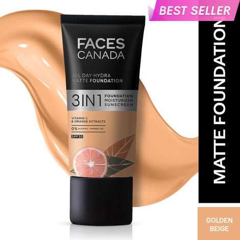 Buy FACES CANADA All Day Hydra Matte Foundation | 3-in-1 Foundation + Moisturizer + SPF30 | 10HR Long Wear | Buildable Coverage | Golden Beige, 25 ml-Purplle