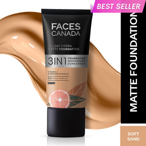 Buy FACES CANADA All Day Hydra Matte Foundation | 3-in-1 Foundation + Moisturizer + SPF30 | 10HR Long Wear | Buildable Coverage | Soft Sand, 25 ml-Purplle