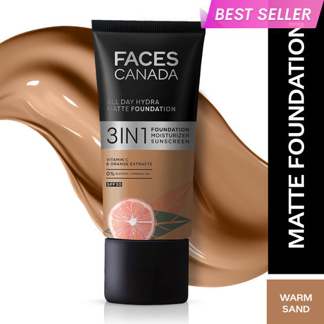 Buy FACES CANADA All Day Hydra Matte Foundation | 3-in-1 Foundation + Moisturizer + SPF30 | 10HR Long Wear | Buildable Coverage | Warm Sand, 25 ml-Purplle